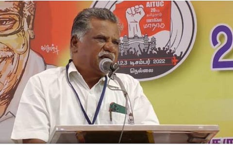 திருநெல்வேலியில் ஏஐடியூசி மாநில மாநாட்டை தொடங்கி வைத்து பேசும் இந்திய கம்யூனிஸ்ட் மாநில செயலாளர் முத்தரசன்.