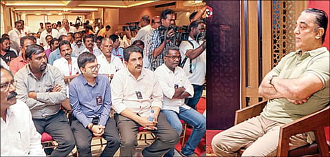 சென்னையில் நேற்று நடைபெற்ற மக்கள் நீதி மய்யம் கட்சி நிர்வாகிகள் ஆலோசனைக் கூட்டத்தில் பங்கேற்ற கட்சித் தலைவர் கமல்ஹாசன்.படம்: பு.க.பிரவீன்