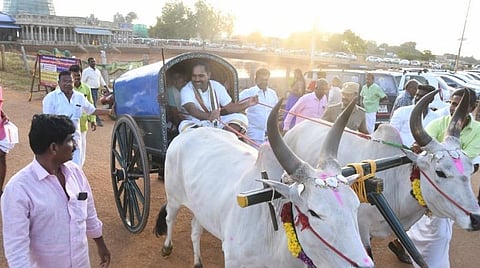 நாட்டரசன்கோட்டையில் பாரம்பரிய செவ்வாய் பொங்கல் விழாவில் மாட்டு வண்டி ஓட்டிச் சென்ற சிவகங்கை மாவட்ட ஆட்சியர் பி.மசூதன்ரெட்டி.
