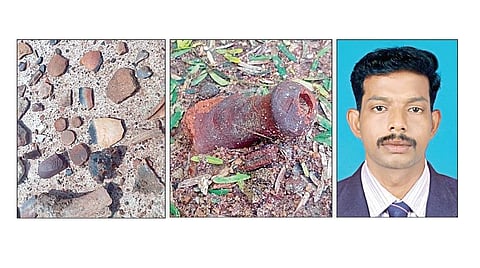 தேவகோட்டை அருகே உருவாட்டி கிராமம் மனக்குடி கண்மாயையொட்டிய பகுதியில் கண்டறியப்பட்ட பானை ஓடுகள். (அடுத்த படம்) இரும்பு எச்சம். (கடைசி படம்) விரிவுரையாளர் பாலசுப்ரமணியன்.