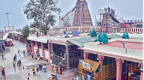 பழநியில் இன்று கும்பாபிஷேகம் நடைபெற உள்ள தண்டாயுதபாணி சுவாமி கோயிலின் ராஜகோபுரம். படங்கள்: நா.தங்கரத்தினம்