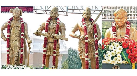 வீரபாண்டிய கட்டபொம்மன், மருது பாண்டியர்கள், வ.உ.சிதம்பரனார் ஆகியோரின் உருவ சிலைகளை சென்னை கிண்டி, காந்தி மண்டபத்தில் முதல்வர் மு.க.ஸ்டாலின் நேற்று திறந்து வைத்தார். படம்: ம.பிரபு