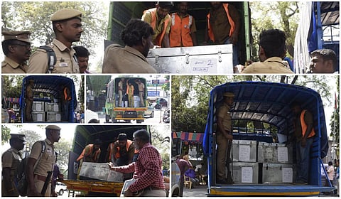 வாக்குப்பதிவு இயந்திரங்கள் துப்பாக்கி ஏந்திய போலீஸ் பாதுகாப்புடன் வாக்குச்சாவடி மையங்களுக்கு அனுப்பி வைக்கப்பட்டன படம்: எஸ். குரு பிரசாத்