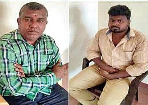 ரூ.15 ஆயிரம் லஞ்சம் வாங்கியதாக கைதான விஜய கிருஷ்ணன், அவரது உதவியாளர் கலைவாணன்.