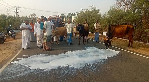 சாலையில் பாலைக் கொட்டி போராட்டத்தில் ஈடுபட்ட உற்பத்தியாளர்கள்