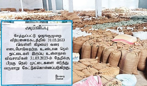 சேத்துப்பட்டு ஒழுங்குமுறை விற்பனை கூடத்தில் குவிக்கப்பட்டுள்ள நெல் மூட்டைகள். (உள்படம்) வரும் 31-ம் தேதிக்கு பிறகு நெல் மூட்டைகளை கொண்டு வரலாம் என்ற அறிவிப்பு வெளியிடப்பட்டுள்ளது.