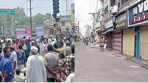 விழுப்புரம் சிக்னலில் சாலை மறியலில் ஈடுபட்ட வணிகர்கள். (அடுத்த படம்) விழுப்புரத்தில் பல்பொருள் அங்காடி ஊழியர் கொலையை கண்டித்து நடைபெற்ற கடையடைப்பால் வெறிச்சோடிக் கிடக்கும் திருவிக சாலை.
