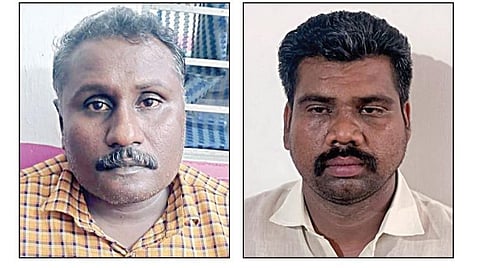போலீஸ் எனக்கூறி இளைஞரை காரில் கடத்தி செயின், ஐபோன்களை வழிப்பறி செய்ததாக கைது செய்யப்பட்ட திருச்சியைச் சேர்ந்த வசந்தகுமார், சர்புதீன்.