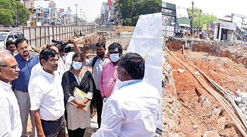 குரோம்பேட்டையில், ஜிஎஸ்டி சாலையையும் ராதா நகர் பகுதியையும்இணைக்கும் வகையில் ரயில்வே தடத்தை கடக்கும் வாகன சுரங்கப் பாதை அமைக்கும் பணியை தலைமைச் செயலர் வெ.இறையன்பு நேற்று ஆய்வு செய்தார். அப்போது இ.கருணாநிதி எம்எல்ஏ உள்ளிட்டோர் உடனிருந்தனர்.