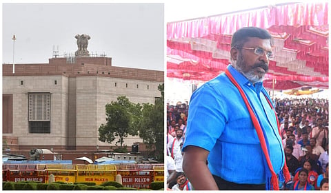 புதிய நாடாளுமன்ற கட்டிடம் (இடது), திருமாவளவன் (வலது)