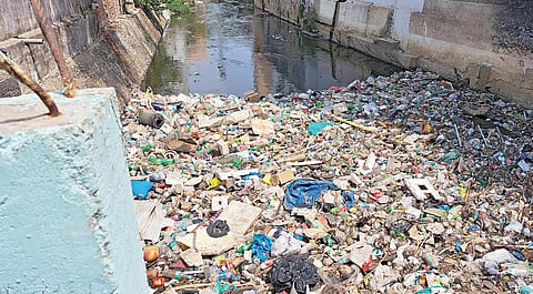 சூளைமேடு பனிமலர் பாலிடெக்னிக் அருகே விருகம்பாக்கம் கால்வாயில் கொட்டப்பட்டுள்ள குப்பை . படம்: டி.செல்வகுமார்