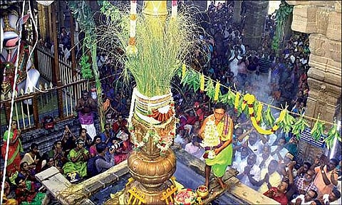 திருநெல்வேலி நெல்லையப்பர் கோயிலில் நேற்று ஆனிப் பெருந்திருவிழா கொடியேற்றத்துக்கு பிறகு கொடிமரத்துக்கு தீபாராதனை நடை பெற்றது. படம்: மு.லெட்சுமி அருண்