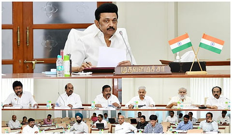 சென்னை தலைமைச் செயலகத்தில் நடந்த ஆய்வுக்கூட்டத்தில் அதிகாரிகளிடம் உரையாற்றும் முதல்வர் ஸ்டாலின்