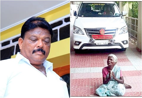 திமுக எம்.பி. ஞானதிரவியம் மற்றும் திருநெல்வேலி ஆட்சியர் கார் முன்பு தர்ணாவில் ஈடுபட்ட மூதாட்டி.படம்: மு. லெட்சுமி அருண்