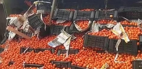 18 டன் தக்காளிகளுடன் சாலையில் கவிழ்ந்த லாரி: போலீஸ் பாதுகாப்பு கோரிய ஓட்டுநர்