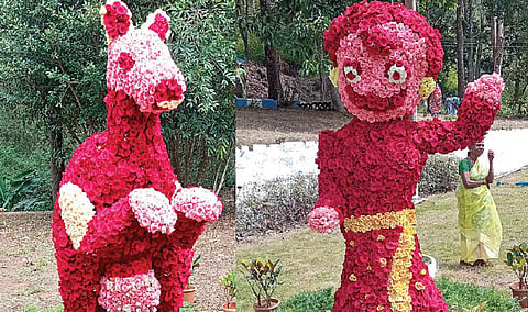 கொல்லிமலை வல்வில் ஓரி விழாவில் ரோஜா மலர்களால் வடிவமைக்கப்பட்ட கங்காரு, சோட்டா பீம் உருவம். படங்கள்: கி.பார்த்திபன்