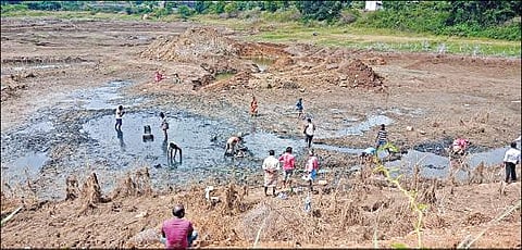 சாலை விரிவாக்கப் பணிக்காக கெலமங்கலம் அருகே ஜெக்கேரி தல்லுசெட்டி ஏரி நீர் மோட்டார் மூலம் வெளியேற்றப்பட்ட நிலையில், குட்டைபோல மாறிய நீரில் துள்ளிக் குதித்த மீன்களைப் பிடித்த பொதுமக்கள்.