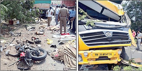 விபத்து நடந்த சாலையில் சிதறிக் கிடந்த பைக்கின் பாகங்கள். (அடுத்த படம்) விபத்தில் சேதமடைந்த கனரக வாகனம். படங்கள்: எம்.முத்துகணேஷ்
