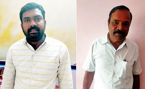 கிருஷ்ணகிரி பறக்கும்படை வட்டாட்சியர் வாகனத்தில் ஜிபிஎஸ் கருவியை பொருத்தி, ரேஷன் அரிசி கடத்தலில் ஈடுபட்ட தேவராஜ், அவருக்கு உதவிய வாகன ஓட்டுநர் சுப்பிரமணி.