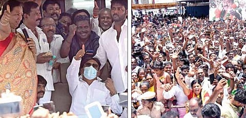 தேமுதிக தலைவர் விஜயகாந்த் நேற்று தனது 71-வது பிறந்த நாளைக் கொண்டாடினார். இதையொட்டி சென்னை கோயம்பேட்டில் உள்ள கட்சியின் தலைமை அலுவலகத்துக்கு வந்த அவர், அங்கு திரண்டிருந்த தொண்டர்களைப் பார்த்து உற்சாகத்துடன் கையசைத்தார்.