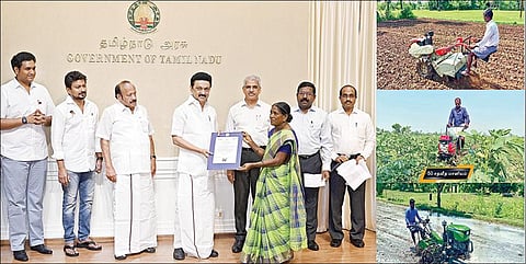 வேளாண்மை மற்றும் உழவர் நலத்துறை சார்பில், ரூ.35 கோடி மானியத்தில் 3,907 விவசாயிகளுக்கு பவர்டில்லர்கள் மற்றும் 293 விவசாயிகளுக்கு விசை களையெடுப்பான் கருவிகள் வழங்கிடும் விதமாக 3 விவசாயிகளுக்கு பவர்டில்லர்கள் மற்றும் விசை களையெடுப்பான் கருவிகளுக்கான ஆணையை தலைமைச் செயலகத்தில் முதல்வர் மு.க.ஸ்டாலின் வழங்கினார். உடன் அமைச்சர்கள் எம்ஆர்கே பன்னீர்செல்வம், உதயநிதி ஸ்டாலின், டிஆர்பி. ராஜா, தலைமைச் செயலர் சிவ்தாஸ் மீனா உள்ளிட்டோர்.