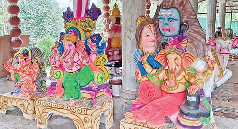 விநாயகர் சதுர்த்தி விழாவுக்கு, திண்டுக்கல் அருகே தயாரிக்கப்பட்டுள்ள சிலைகள்.
