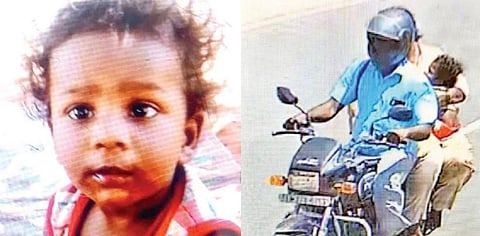 கடத்தப்பட்ட குழந்தை ஸ்ரீஹரீஸ் ( வலது ) திருச்செந்தூர் கோயில் வளாகத்தில் குழந்தையை கடத்திய பெண் ஹெல்மெட் அணிந்த நபருடன் மோட்டார் சைக்கிளில் தப்பிச் செல்லும் காட்சி சிசிடிவி கேமராவில் பதிவாகியுள்ளது.