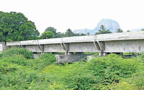 திண்டிவனம் - திருவண்ணாமலை ரயில் திட்டத்துக்காக செஞ்சி அருகே ராஜாம்புலியூர் கிராமத்தில் கட்டப்பட்ட பாலம்.