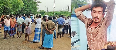 சிவகங்கை அரசு மருத்துவமனை முன் போராட்டத்தில் ஈடுபட்ட பிரசாந்த்தின் உறவினர்கள். (வலது) மானாமதுரையில் மரத்தில் கட்டி வைக்கப்பட்டிருந்த பிரசாந்த்.