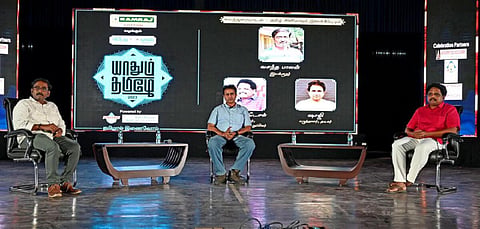 தமிழ் சினிமாவும் இலக்கியமும் என்ற தலைப்பில் எழுத்தாளர் சு.வெங்கடேசன் எம்.பி., திரைப்பட இயக்குநர் வசந்த பாலன், எழுத்தாளரும், நடிகருமான ஷாஜி ஆகியோர் கலந்துரையாடினர்.