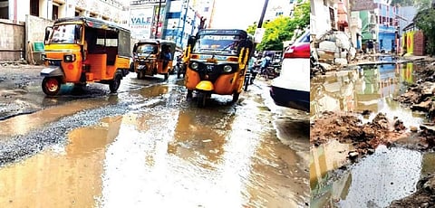 மதுரை அண்ணா பேருந்து நிலையம் அருகே உள்ள சாலையில் தொட்டியில் இருந்து பொங்கி ஓடும் பாதாள சாக்கடை கழிவு நீர். (வலது) பழங்காநத்தம் 71-வது வார்டு பொட்டு ஊருணி தெரு மற்றும் தண்டல்காரன்பட்டி தெருவில் வழிந்தோடும் கழிவுநீர்.