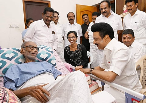 பழ.நெடுமாறனிடம் நலம் விசாரித்த முதல்வர் ஸ்டாலின்.