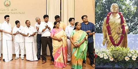 கடலூரில் அமைக்கப்பட்டுள்ள சுதந்திரப் போராட்ட வீராங்கனை அஞ்சலையம்மாள் சிலையை தலைமைச் செயலகத்திலிருந்து நேற்று காணொலி வாயிலாகத் திறந்துவைத்தார் முதல்வர் மு.க.ஸ்டாலின். உடன், அமைச்சர்கள், அதிகாரிகள் மற்றும் அஞ்சலையம்மாள் குடும்பத்தினர் உள்ளிட்டோர்.