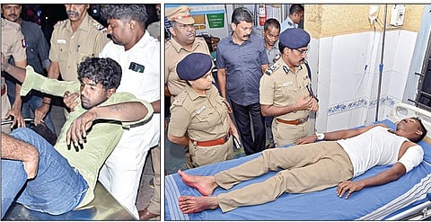 துப்பாக்கிச் சூட்டில் காயமடைந்த கொள்ளையன் ஸ்டீபன் ராஜை மருத்துவமனைக்குக் கொண்டுசெல்லும் போலீஸார். (அடுத்த படம்) காயமடைந்து மதுரை அரசு மருத்துவமனையில் அனுமதிக்கப்பட்டுள்ள எஸ்.ஐ. ரஞ்சித்திடம் நலம் விசாரித்த காவல் ஆணையர் லோகநாதன், துணை ஆணையர் சிநேகப்பிரியா. படங்கள்: எஸ்.கிருஷ்ணமூர்த்தி