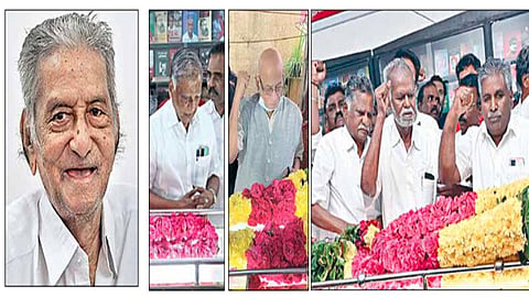 மார்க்சிஸ்ட் முதுபெரும் தலைவர் சங்கரய்யா நேற்று காலமானார். அவரது உடலுக்கு கட்சியின் மூத்த தலைவர்கள் ஜி.ராமகிருஷ்ணன்,டி.கே.ரெங்கராஜன், இந்திய கம்யூனிஸ்ட் கட்சியின் மூத்த தலைவர் நல்லகண்ணு, மாநிலச் செயலாளர் முத்தரசன் உள்ளிட்டோர் அஞ்சலி செலுத்தினர்.படங்கள்: ம.பிரபு, எம்.முத்துகணேஷ்