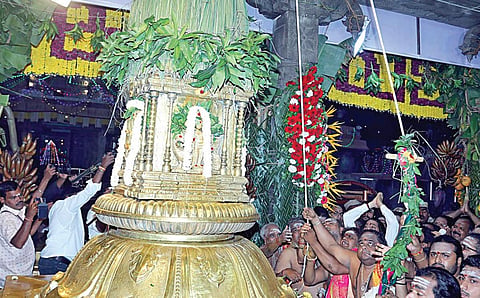 கார்த்திகை தீபத் திருவிழாவையொட்டி, அண்ணாமலையார் கோயிலில் உள்ள தங்கக் கொடி மரத்தில் நேற்று கொடியேற்றப்பட்டது.