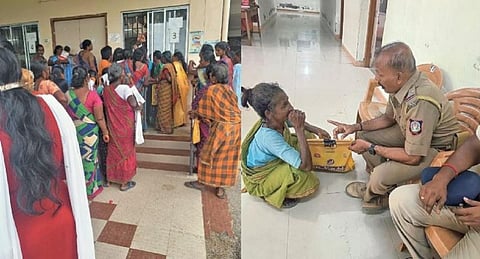 மனுவை பதிவு செய்ய கூட்ட அரங்கு பின்புறம் வரிசையில் நிற்கும் பெண்கள். அடுத்தப்படம்: நிலம் அபகரிப்புத் தொடர்பாக புகார் அளித்துள்ள மூதாட்டியிடம் விளக்கம் பெறும் காவல் அதிகாரி. 