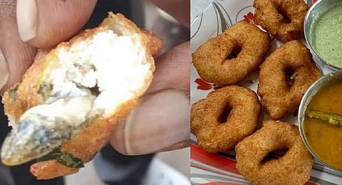 தருமபுரி நகரில் இயங்கும் தேநீர் கடை ஒன்றில் நேற்று விற்பனை செய்யப்பட்ட வடையில் இருந்த பல்லி.