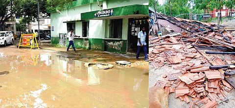 ராமநாதபுரம் அரசு மருத்துவக் கல்லூரி மருத்துவமனை வளாகத்தில் தேங்கியுள்ள மழைநீரைப் பார்வையிட்ட ஆட்சியர் பா.விஷ்ணு சந்திரன். (வலது) சாயல்குடி அருகே அவதாண்டையில் மழைக்கு இடிந்து விழுந்த விவசாயி வீரனின் மாட்டுத் தொழுவம்.