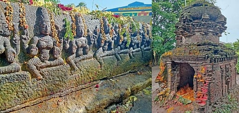விழுப்புரம் மாம்பழப்பட்டு சாலையில் கண்டறியப்பட்டுள்ள சப்த மாதர் சிற்பங்கள். அடுத்தப்படம் : செங்கல் கோயில். 
