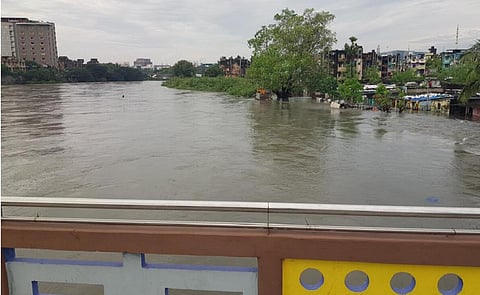 அடையாறு ஆற்றில் கரைபுரண்டோடும் வெள்ளம் | படம்: எம்.கருணாகரன்