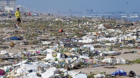 சென்னையின் பல்வேறு பகுதிகளில் இருந்து மழை வெள்ள நீரில் அடித்து வரப்பட்டு, சீனிவாச புரம் கடற்கர ை முகத்துவார ம் அருகே ஒதுங்கியுள்ள குப்பை கழிவுகள்.
படம்: எஸ்.சத்தியசீலன்