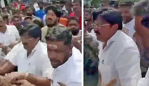 எம்எல்ஏ ஹசன் மவுலானாவை முற்றுகையிட்டு வாக்குவாதத்தில் ஈடுபட்ட மக்கள்.