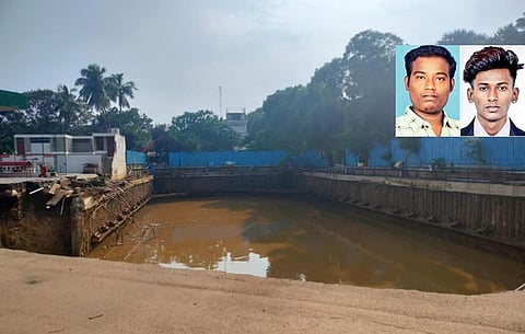 விபத்து நடந்த பள்ளம். ( உள்படம்) உயிரிழந்த ஜெயசீலன் (இடது), நரேஷ் (வலது).