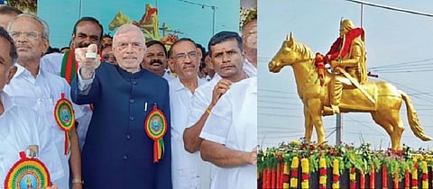 அரூரில் தீரன் சின்னமலை சிலை திறப்பு விழாவையொட்டி பெண்கள் பங்கேற்ற முளைப்பாரி ஊர்வலம் நடந்தது. அடுத்த படம்: அரூரில் திறக்கப்பட்ட தீரன் சின்னமலை சிலை.