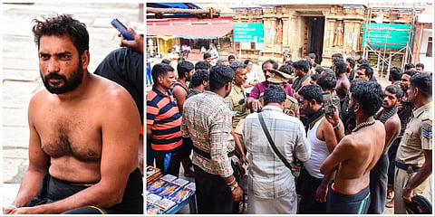 ஸ்ரீரங்கம் ரங்கநாதர் கோயிலில் நடந்த தகராறில் காயமடைந்த ஆந்திர மாநில ஐயப்ப பக்தர் சென்னா ராவ்; சம்பவம் குறித்து விசாரணை மேற்கொண்ட போலீஸார் | படங்கள்: ர.செல்வமுத்துகுமார்.