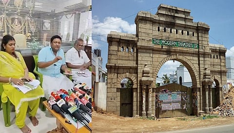 சேலத்தில் நேற்று செய்தியாளர்களுக்கு பேட்டியளித்த வர்மா கன்ஸ்ட்ரக்சன் நிர்வாக இயக்குநர் விஜயவர்மன். உடன், அவரது மனைவி ஜெகதீஸ்வரி, தந்தை ரவிவர்மா. (அடுத்த படம்) மாடர்ன் தியேட்டர்ஸ் நினைவு நுழைவுவாயில்.