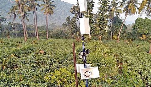 வயல்வெளியில் பறவைகள், விலங்குகளை விரட்டுவதற்காக வைக்கப்பட்டுள்ள நவீன கருவி
