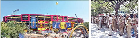 கேலோ இந்தியா போட்டிக்காக சீரமைக்கப்பட்டு வண்ணமயமாக காட்சியளிக்கும் சென்னை நேரு விளையாட்டு அரங்கம். (அடுத்த படம்) இன்று மாலை நடைபெறும் கேலோ இந்தியா தொடக்க விழாவில் பிரதமர் மோடி பங்கேற்பதால் பாதுகாப்புக்காக குவிக்கப்பட்டுள்ள போலீஸார். படங்கள்: எஸ்.சத்தியசீலன்