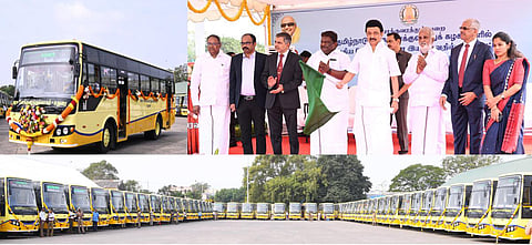 அரசு போக்குவரத்துக் கழகங்களுக்கு கொள்முதல் செய்யப்பட்ட 100 புதிய பேருந்துகளை முதல்வர் தொடங்கி வைத்தார்